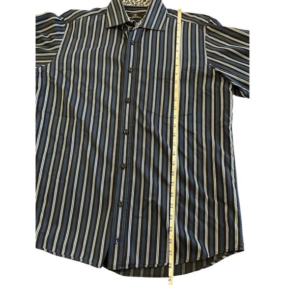 Bugatchi Uomo Mens Medium Long Sleeve Button Up All Cotton Blue White Stripe - Picture 10 of 12